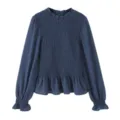 Detail of dark blue long sleeve smocked ruffle collar blouse for women stylish casual wear - Dark Blue