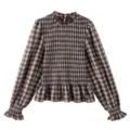 Brown gingham check plaid blouse detail, smocked bodice, and ruffle mock neck design. - Coffee Plaid