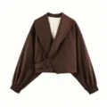 Women stylish brown short coat with wide lapel and lantern sleeves casual outerwear - XS / Tops / Dark Brown