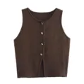 Bruine damestop van gebreidem materiaal zonder mouwen, casual knopenvest met ronde hals. - S / Tops / koffiekleur