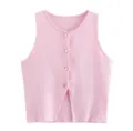 Roze gebreide mouwloze knop top detail, zachte ronde hals casual zomerbreiwerk stijl. - Roze