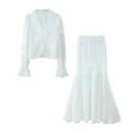 White lace two-piece set featuring a long-sleeve top and high-waist mermaid skirt. - S / Top And Bottom / White