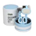 Set di toelettatura blu per animali domestici con varie spazzole e forbici per cani piccoli. - Blu