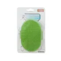 Green oval pet bath brush with soft massage bristles and hanging card packaging for dogs and cats. - Green with Pins Style