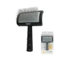 Cepillo de aseo profesional para mascotas con mango en forma de C y púas de acero inoxidable. - Negro
