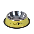 Yellow stainless steel pet cat dog bowl with non-slip base and cute cat print design. - Cartoon Color Print Yellow (Random Pattern)