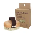 Brosse de bain ronde en bois avec sangle marron et boîte en papier kraft écologique. - Modèle ovale avec vernis clair