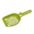 Green plastic cat litter scoop with hollow cat face design and hanging hook for daily pet use. - Green