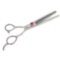 Professional pet grooming thinning scissor with pink rhinestone screw, stainless steel finish. - 92834 Silver Thinning Shears with Pink Rhinestones