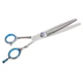 Forbici professionali per toelettatura animali domestici con anelli blu e vite di cristallo. - 92837 Forbici per sfoltire argentate con strass blu