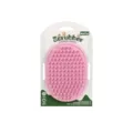 Cepillo ovalado de silicona rosa para aseo de mascotas con correa ajustable para perros y gatos. - Tarjeta de Soporte / Rosa