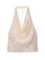 Detail view of sparkly sequin halter cowl neck backless top in champagne gold evening wear. - XS / Tops / Champagne