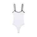 White ribbed bodysuit featuring contrasting black trim and double thin straps for women. - XS / Tops / White