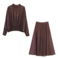 Brown polka dot blouse and midi skirt two piece set for women elegant vintage autumn outfit. - S / Top And Bottom / Coffee