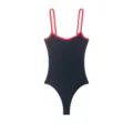 Close-up of black ribbed fabric and red contrast trim detail on the stylish women bodysuit. - XS / Tops / Black