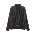 Black polka dot long sleeve blouse with high neck and bow tie detail, elegant apparel. - S / Tops / Black