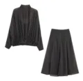 Black white polka dot long sleeve top midi skirt set elegant two piece outfit for women - S / Top And Bottom / Black