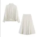 Stylish white black polka dot long sleeve blouse and midi skirt two piece outfit set. - S / Top And Bottom / White