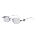 Gafas de sol ovaladas sin montura elegantes con patillas de metal con pedrería, moda. - Marco Plateado Lente Gris Claro (C5)