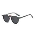 Trendy small frame round sunglasses with metal pin temples and red top bar for fashion style. - Green Red Frame Black Grey Lens C3