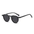 Black round frame sunglasses with metal bridge and pin temples, trendy eyewear variant. - Black Silver Frame Black Grey Lens C1