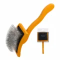 Wooden handle pet slicker brush, ergonomic curved grooming tool for dogs and cats. SKU view. - Large Yellow with Black Rubber Head