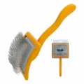 Wooden pet slicker brush for dogs and cats, professional grooming comb with ergonomic handle. - Large Yellow with Gray Rubber Head