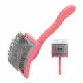 Pink pet slicker brush for dogs cats with curved head and comfortable handle packaging. - Large Red