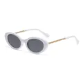Weiße ovale Sonnenbrille mit goldenen Kettendetails kleiner Rahmen Damen Sonnenbrille. - Porzellanweißer Rahmen Graue Gläser