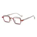 Trendige Mehreck-Optikbrille mit einzigartigem doppellagigem Rahmendesign fuer den Alltag. - Transparenter Grauer Roter Rahmen Anti-Blaulicht-Gläser