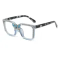 Fashion oversized rhinestone glasses, light blue translucent frame, butterfly variant. - Transparent Blue Leopard Temple Anti-Blue Light