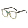 Oversized square clear glasses with rhinestone trim and green butterfly crystal accent. - Transparent Yellow Leopard Temple Anti-Blue Light