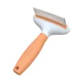 Blue and orange pet dematting comb with stainless steel pins for safe grooming and loose hair removal. - Rake Comb / Orange