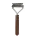 Pet dematting comb with wooden handle and stainless steel teeth for daily dog grooming care. - Walnut Double-Sided OPP Packaging