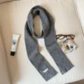 Grey ribbed knit scarf for women, cozy winter long scarf with a small woven label design. - Medium Grey