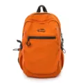 Vue de face d'un sac à dos d'extérieur orange vif avec un logo de montagne noir et poches - Rouge Orangé