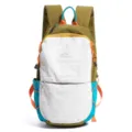 Macro view of lightweight color-blocked nylon backpack with mountain logo print. - Brown & Blue