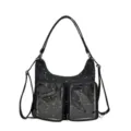 Harajuku style star print ita bag with clear pockets and adjustable straps - Black