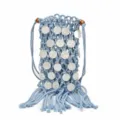 Handmade light blue macramé phone bag with tassel fringe and white shell-like discs - Blue
