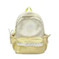 Vista frontal detallada de mochila a cuadros amarillos y blancos con ribete de encaje - Amarillo