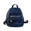 Front view of a retro washed blue denim backpack with zipper details and fringe accents. - Dark Blue