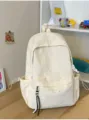 Mochila crema estilo Mori con patrón de estrellas sobre fondo de mesa de madera real - Bolsa Única / Blanco
