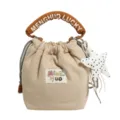 Japanese style cute beige bucket bag with star pendant and embroidered handle detail - Khaki