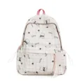 Detailed macro view of pink plaid school backpack featuring cute cartoon bear pattern - Pink