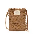 Close-up of handmade brown crochet phone bag featuring a hollow diamond knit pattern - Tassel Style / Khaki
