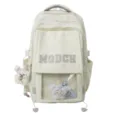Front view of a cream white Ita schoolbag with bow embroidery and cute plush charms - White