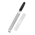 Stainless steel cheese grater and zester with black handle and white protective cover. - Slanted Tooth 2102-9
