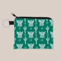 Detailed view of green fabric coin pouch with Highland cow and cactus print and keychain - Emerald Green (lqb3535)