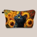 Close-up detail of the artistic cat and sunflowers print on the toiletry bag - Sunflower Black Cat (hzb1505)