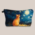 Detail of portable cosmetic bag featuring artistic Van Gogh style cat painting print - Starry Sky Orange Cat (hzb1506)